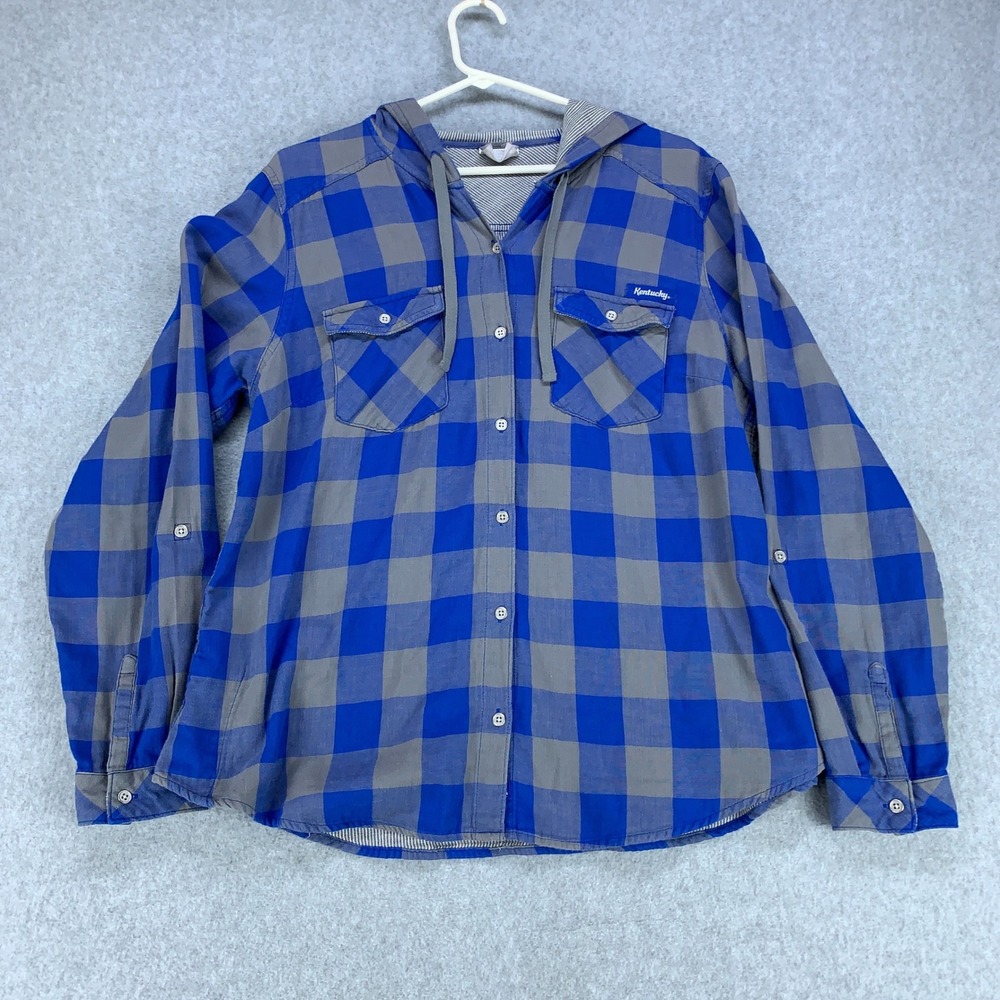Columbia Hooded Shirt Womens XL Blue Kentucky Wildcats Plaid Button Up Sleeve